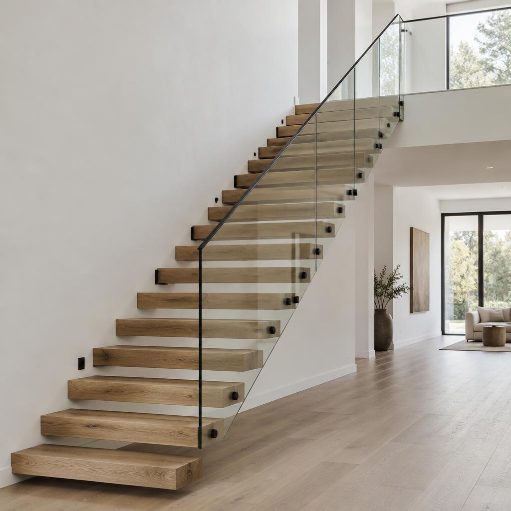 Modern oak staircase with glass railing, generated design inspiration